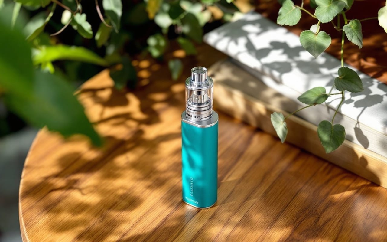 Un kit de vapotage pour débutants posé sur une table, entouré de verdure subtile, avec une lumière naturelle douce illuminant la scène.