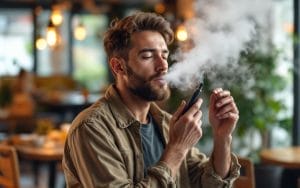 Un nouveau vapoteur utilisant une e-cigarette dans un café confortable, exhalant un nuage de vapeur, avec une expression détendue et une ambiance chaleureuse.