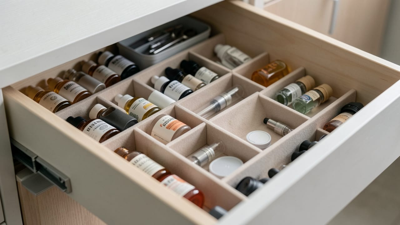 Kit de cigarette électronique rangé de façon organisée dans un tiroir propre, avec flacons et accessoires disposés en compartiments.